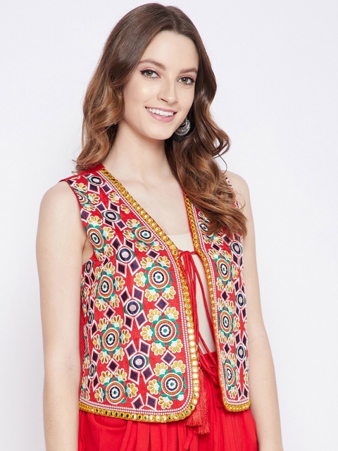 TULIP 21 Women Red Phulkari Embroidered Crop Open Front Ethnic Jacket - Image 3
