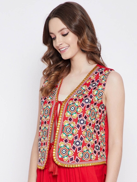 TULIP 21 Women Red Phulkari Embroidered Crop Open Front Ethnic Jacket - Image 4