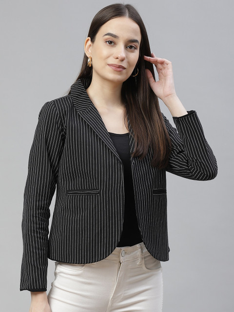 Cottinfab Women Black & White Striped Open Front Blazer