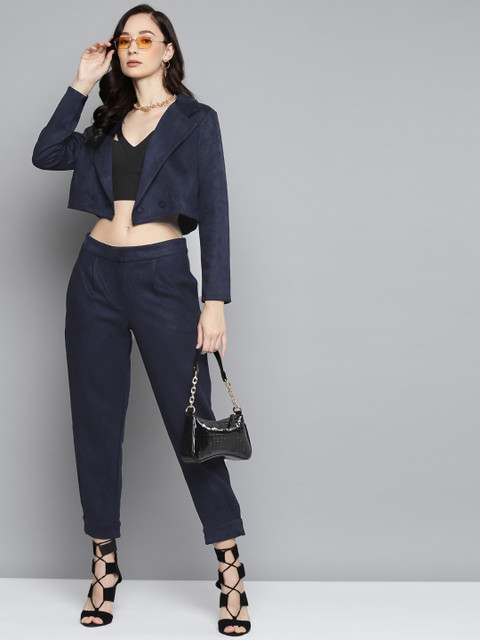 SASSAFRAS Women Navy Blue Suede Crop Blazer - Image 5