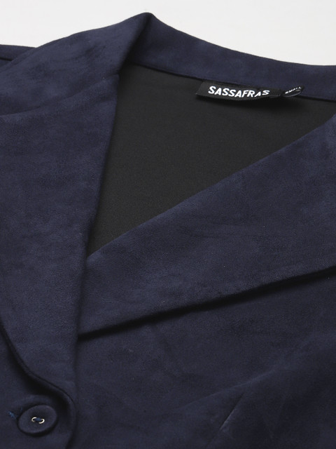 SASSAFRAS Women Navy Blue Suede Crop Blazer - Image 2