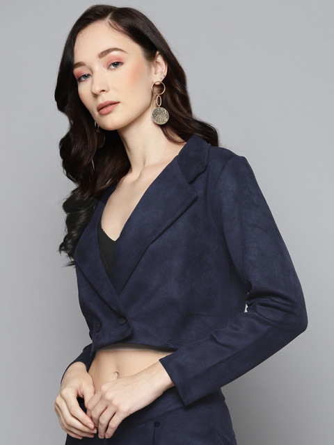 SASSAFRAS Women Navy Blue Suede Crop Blazer - Image 3