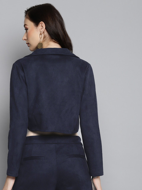 SASSAFRAS Women Navy Blue Suede Crop Blazer - Image 4