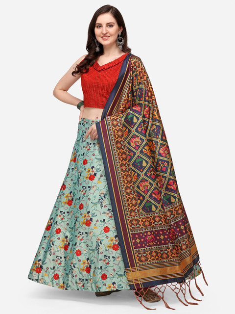 Mitera Turquoise Blue & Red Printed Semi-Stitched Lehenga & Unstitched Blouse With Dupatta