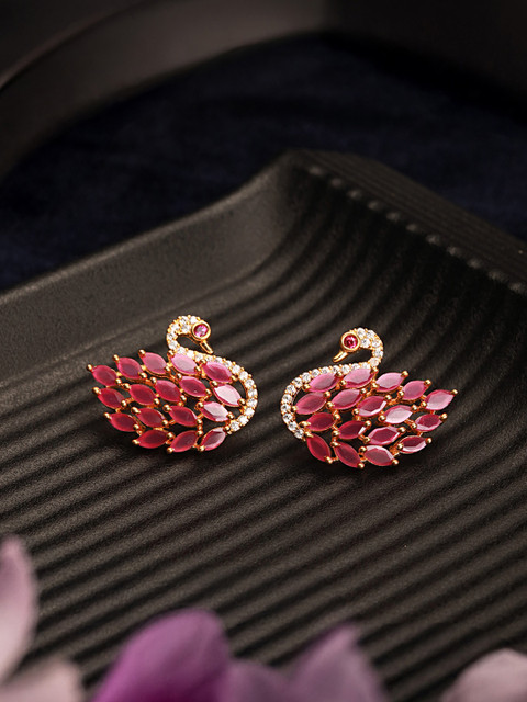 Saraf RS Jewellery Gold Plated Magenta Peacock Shaped Studs Earrings