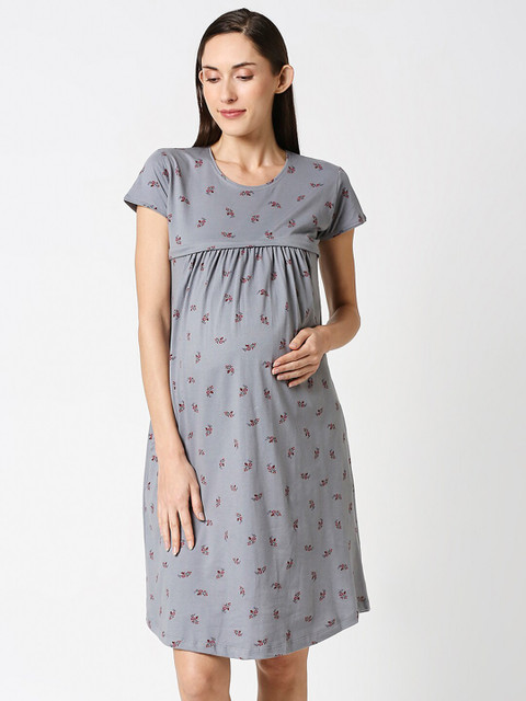 AV2 Women Grey & Red Floral Printed Maternity Pure Cotton Nightdress