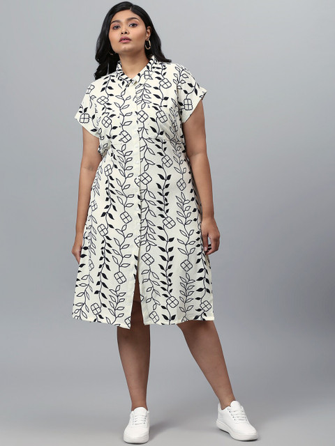 Instafab Plus Women Cream & Black Floral A-Line Midi Dress