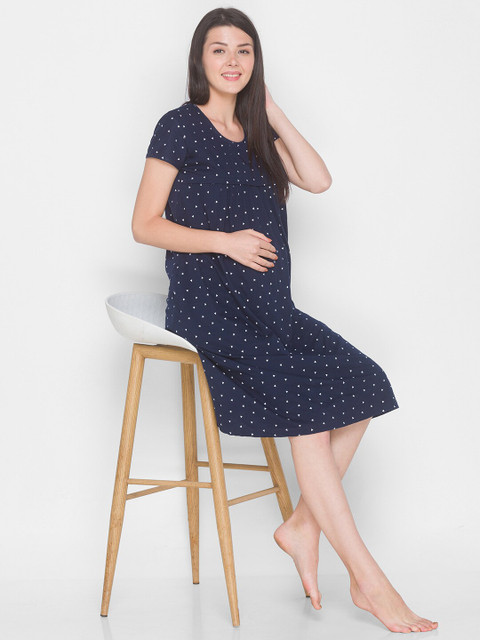 AV2 Women Navy Blue Printed Maternity Nightdress