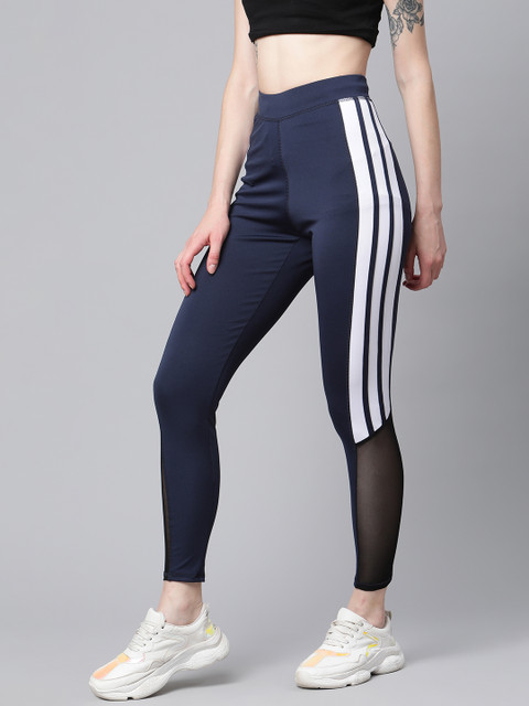 Blinkin Women Navy Blue & White Solid Training Tights with Mesh Inserts Detail