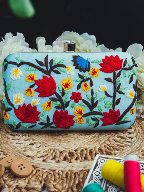 NR By Nidhi Rathi Women Blue & Red Hand Embroidered Box Clutch