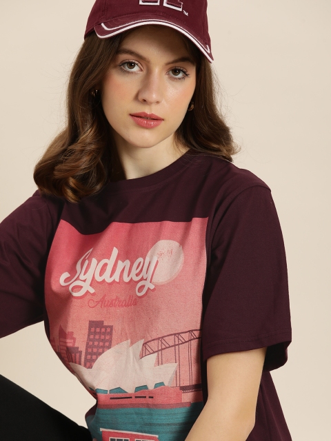 DILLINGER Women Maroon Varsity Printed Pure Cotton Oversized Pure Cotton T-shirt