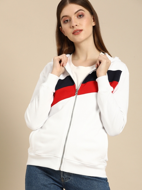 Nautica Women White & Navy Blue Colourblocked Hooded Front-Open Sweatshirt