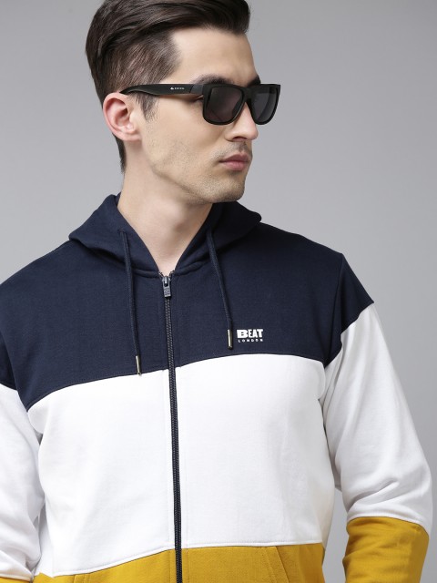 BEAT LONDON by PEPE JEANS Men Yellow & White Colourblocked Hooded Sweatshirt