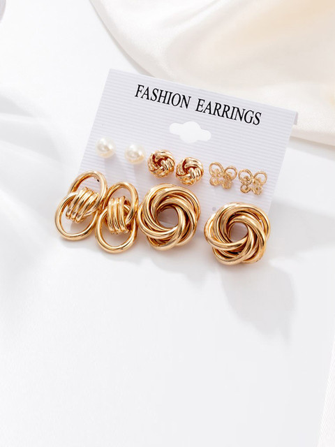 Jewels Galaxy Set of 5 Gold-Toned & White Contemporary Studs Earrings