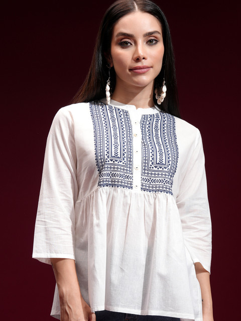 Vishudh Off White & Blue Geometric Printed Mandarin Collar Empire Top