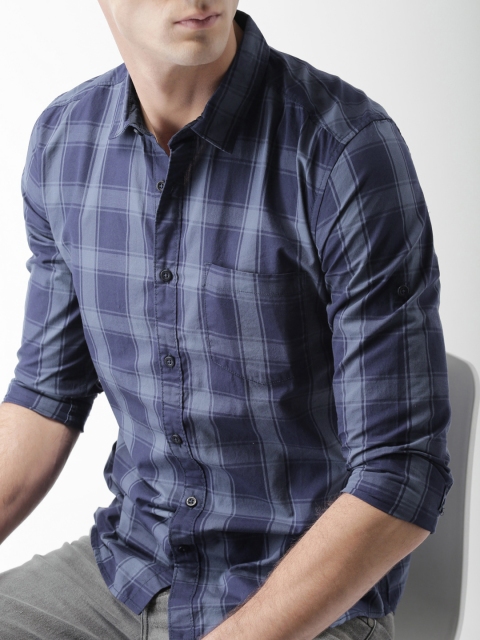 HIGHLANDER Men Blue Slim Fit Checked Casual Shirt