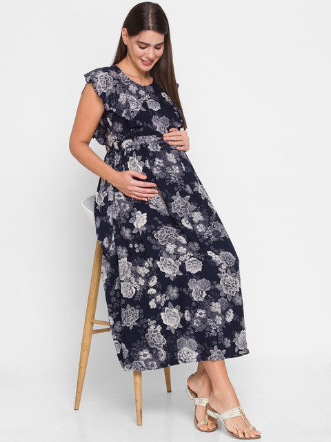 AV2 Blue Floral Printed Maternity Midi Dress
