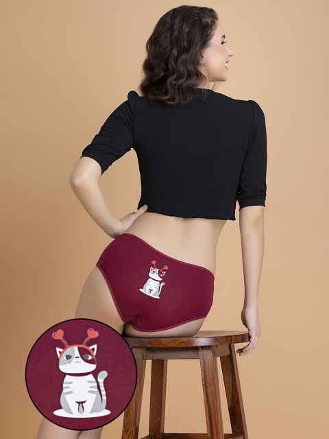 Clovia Women Maroon Cotton Mid-Waist Kitty Print Hipster Briefs