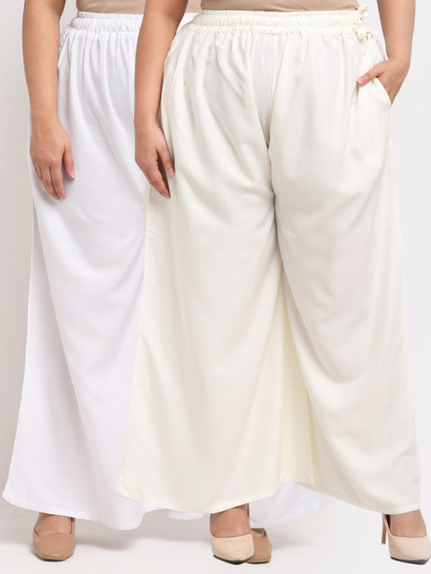 TAG 7 PLUS Women Pack Of 2 Off White & White Ethnic Palazzos