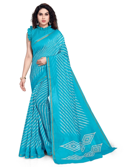 KALINI Turquoise Blue & Off White Printed Leheriya Saree