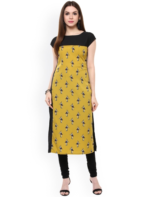 Women Mustard Yellow & Black Printed Crepe Straight Kurta