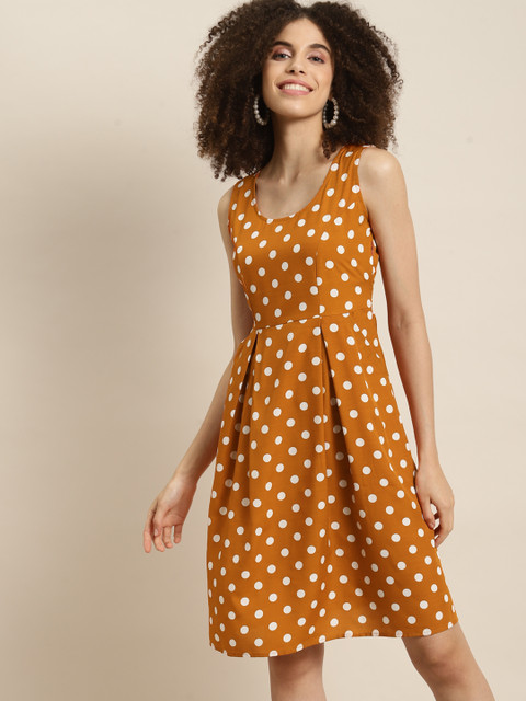 Qurvii Orange & White Crepe A-Line Dress