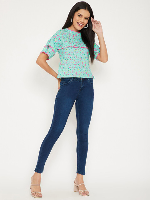 WineRed Women Green Floral Print Cotton Crop Top - Image 6