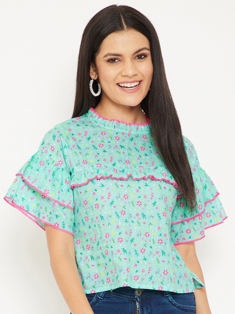 WineRed Women Green Floral Print Cotton Crop Top