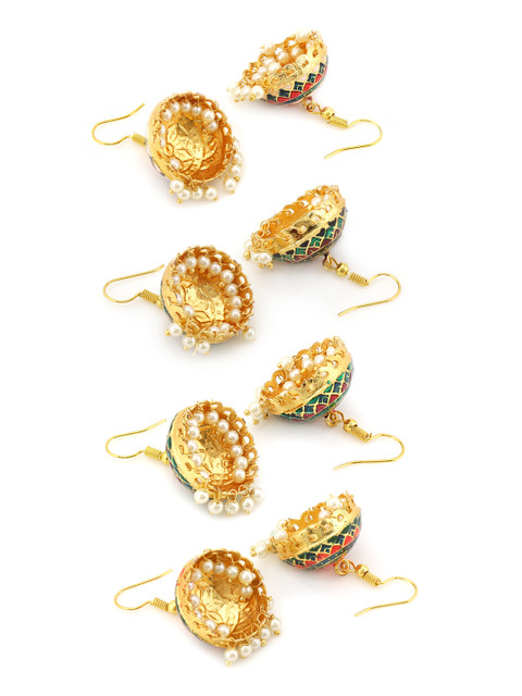 Yellow Chimes Set of 4 Multicolerd Meenakari Jhumka Earrings - Image 4