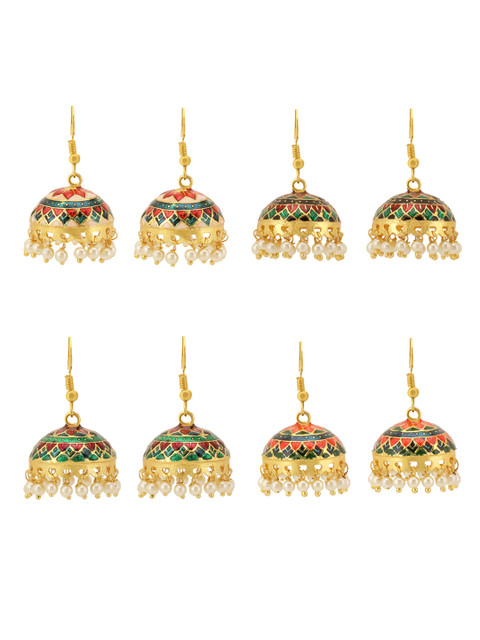 Yellow Chimes Set of 4 Multicolerd Meenakari Jhumka Earrings - Image 2