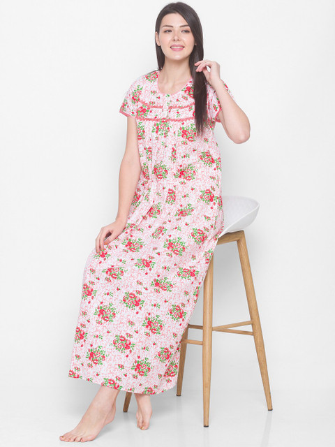 AV2 Women Orange & White Pure Cotton Floral Printed Maternity Nightdress