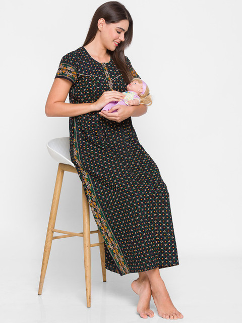 AV2 Navy Blue Printed Pure Cotton Maternity Maxi Nightdress