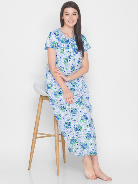 AV2 Blue Printed Maxi Pure Cotton Maternity Nursing Nightdress