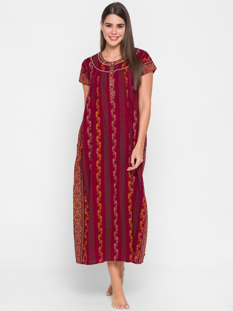 AV2 Maroon Printed Maternity Nursing Pure Cotton Maxi Nightdress