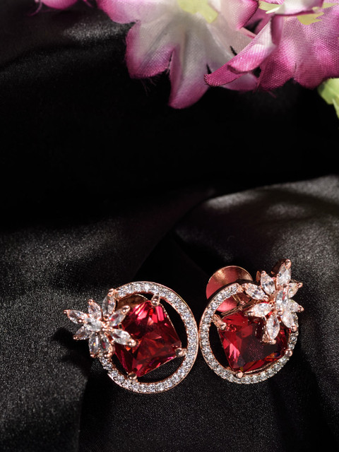 Saraf RS Jewellery Red & Rose Gold-Plated AD Floral Studs Earrings