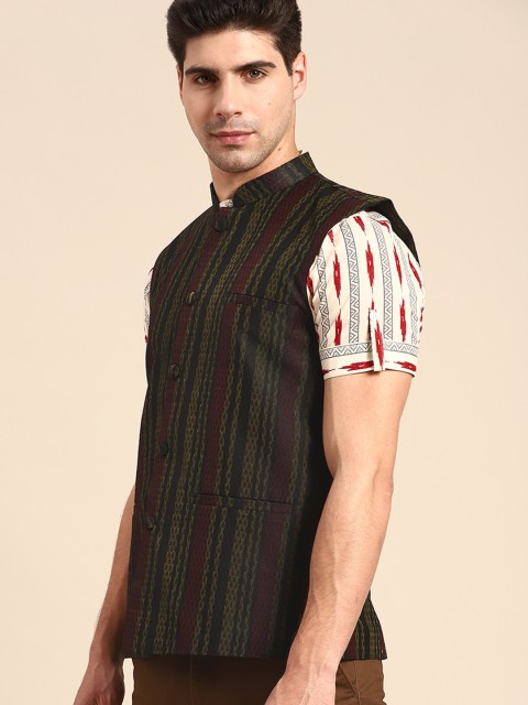 Anouk Men Black Woven Design Nehru Jacket - Image 4