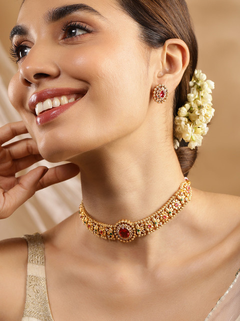 Rubans 24K Gold Plated Ruby,Emerald & White Cubic Zirconia Stone Floral Choker Jewelry Set