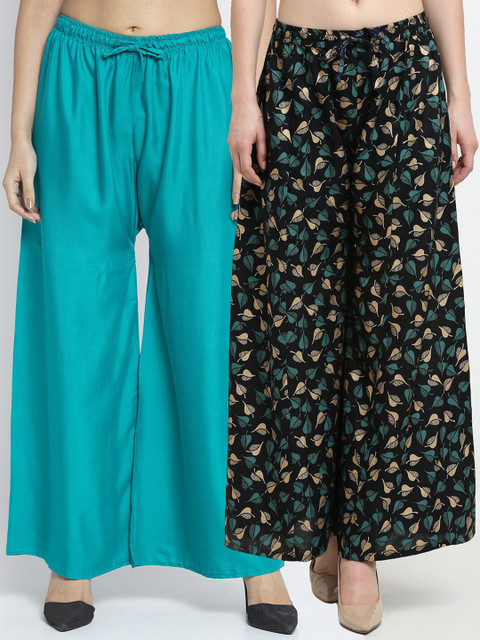 GRACIT Women Pack of 2 Sea Green & Black Printed Palazzos
