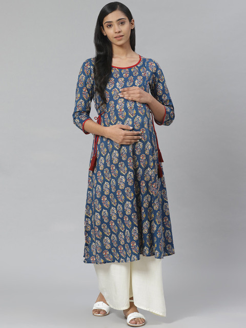 anayna Women Blue Cotton Ethnic Motifs Printed Block Print Maternity Kurta