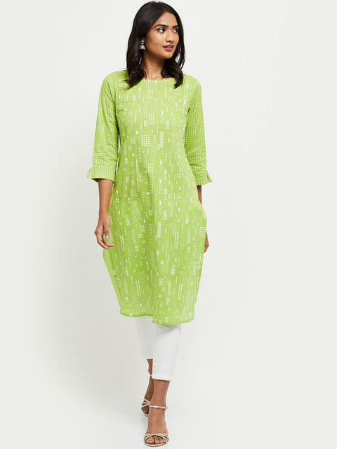 max Women Green Checked Flared Sleeves Thread Work Pathani Kurta