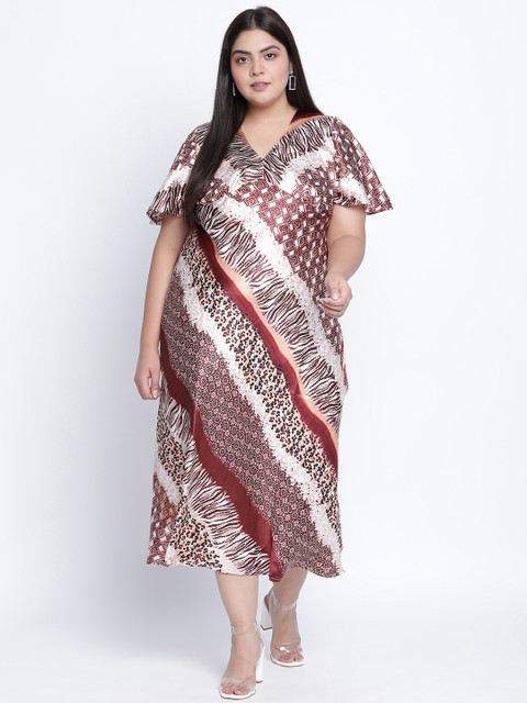 Oxolloxo Plus Size Multicoloured Printed Satin Midi Dress