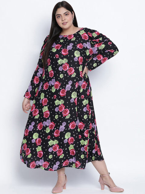 Oxolloxo Plus Size Black & Pink Floral Crepe Maxi Dress