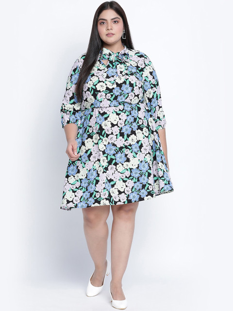 Oxolloxo Plus Size Multicoloured Floral Tie-Up Neck Satin A-Line Dress