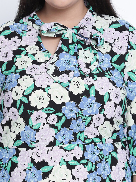Oxolloxo Plus Size Multicoloured Floral Tie-Up Neck Satin A-Line Dress - Image 2