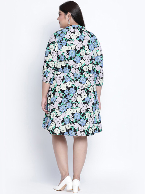 Oxolloxo Plus Size Multicoloured Floral Tie-Up Neck Satin A-Line Dress - Image 5