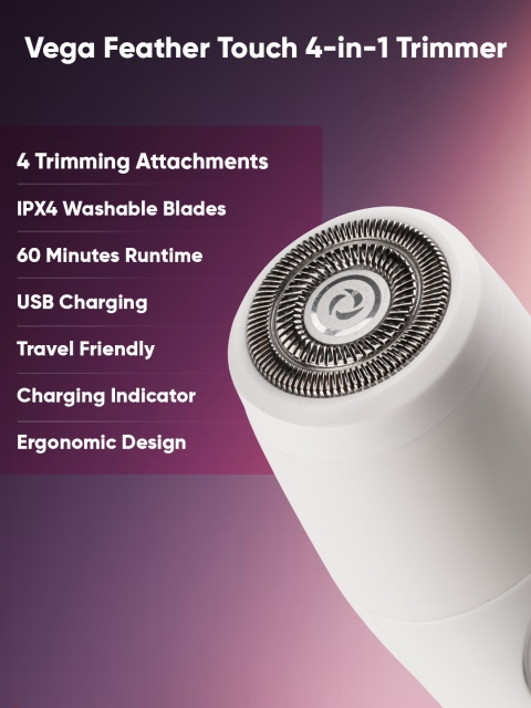 VEGA Women Feather Touch 4-In-1 Trimmer for Trimming Eyebrows Face & Bikini Area - Image 2