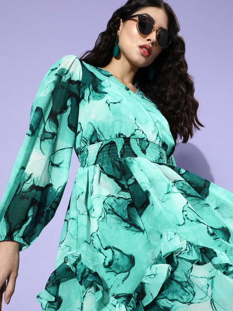 plusS Women Gorgeous Green Floral Ruffled & Flounced Dress