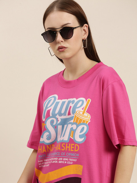 Difference of Opinion Women Pink Printed Pure Cotton Loose Pure Cotton Oversized T-shirt