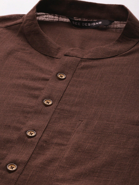 See Designs Men Brown Solid Thread Work Kurta - Image 2