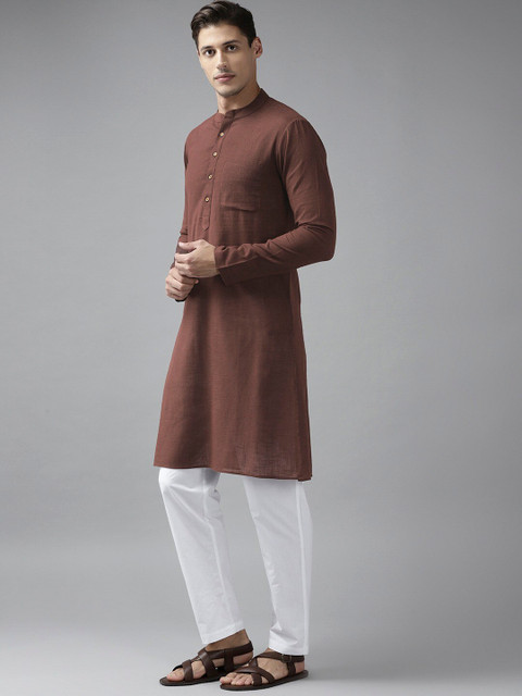 See Designs Men Brown Solid Thread Work Kurta - Image 3